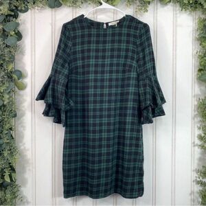 beachlunchlounge Mini Dress 
Delphina Green Plaid Ruffle Bell Sleeve